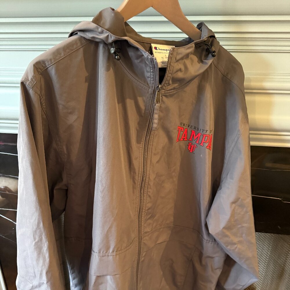The University of Tampa Champion Rain Jacket in Grey with zipper and hood Large